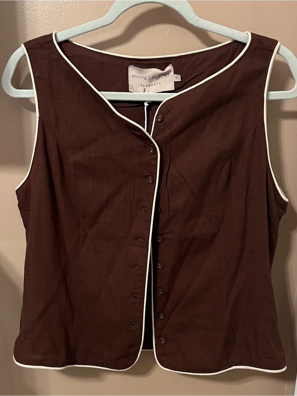 NWT White Closet Elements Chocolate Brown Button Front Linen Vest w White Trim